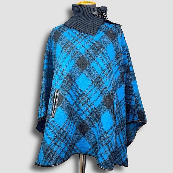 Edit By Jeanne Beker  Blue Black Plaid Lagenlook Wool Blend Poncho Size S / M - Picture 1 of 13